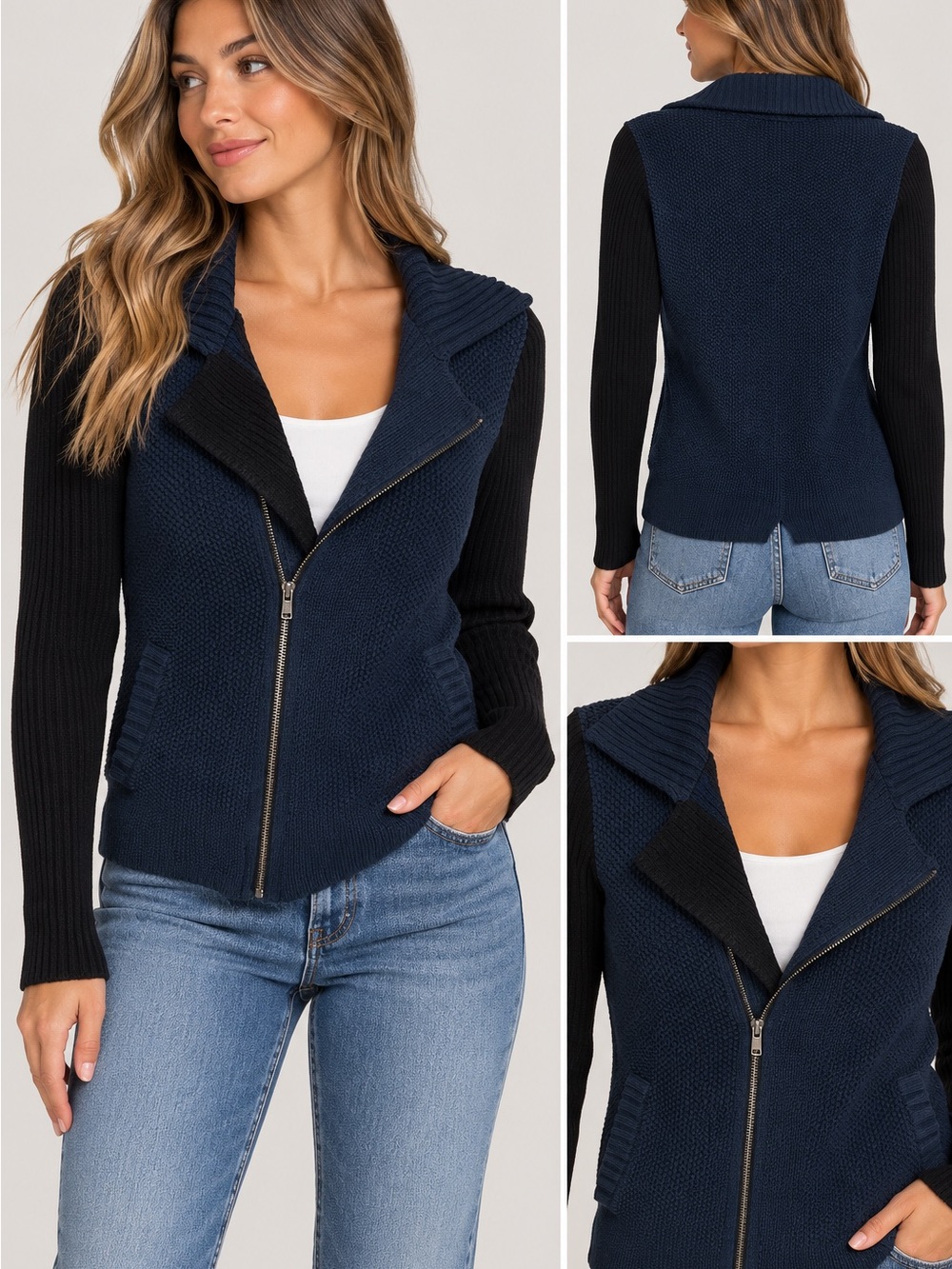 bp Navy Zip-Front Knit Vest with Black Sleeves